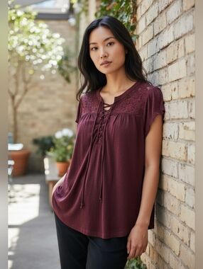 No Boundaries Maroon Lace-Up Blouse